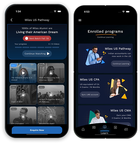 Two Miles One screens: the Miles US Pathway program page with its preview videos and Enquire Now button, and the enrolled programs list showing Pathway, CPA and CMA.