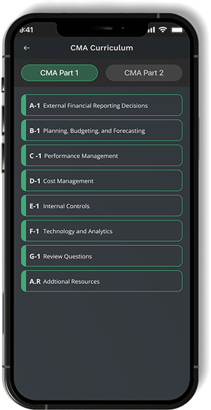 CMA curriculum screen in dark mode: CMA Part 1 and Part 2 tabs above a list of sections from External Financial Reporting Decisions to Additional Resources.
