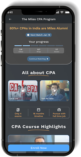 The Miles CPA Program screen in dark mode: batch date, progress across videos, MCQs and ebooks, and course highlight videos.