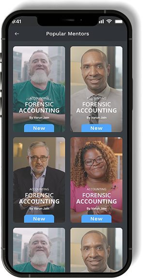 Popular Mentors screen in dark mode: a grid of mentor cards for forensic accounting courses.