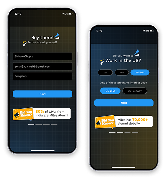 Two onboarding screens: name, email and city, then a question about wanting to work in the US.
