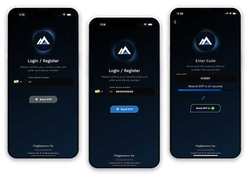 Three screens of the lean start: login and register with a phone number, then the OTP code entry.