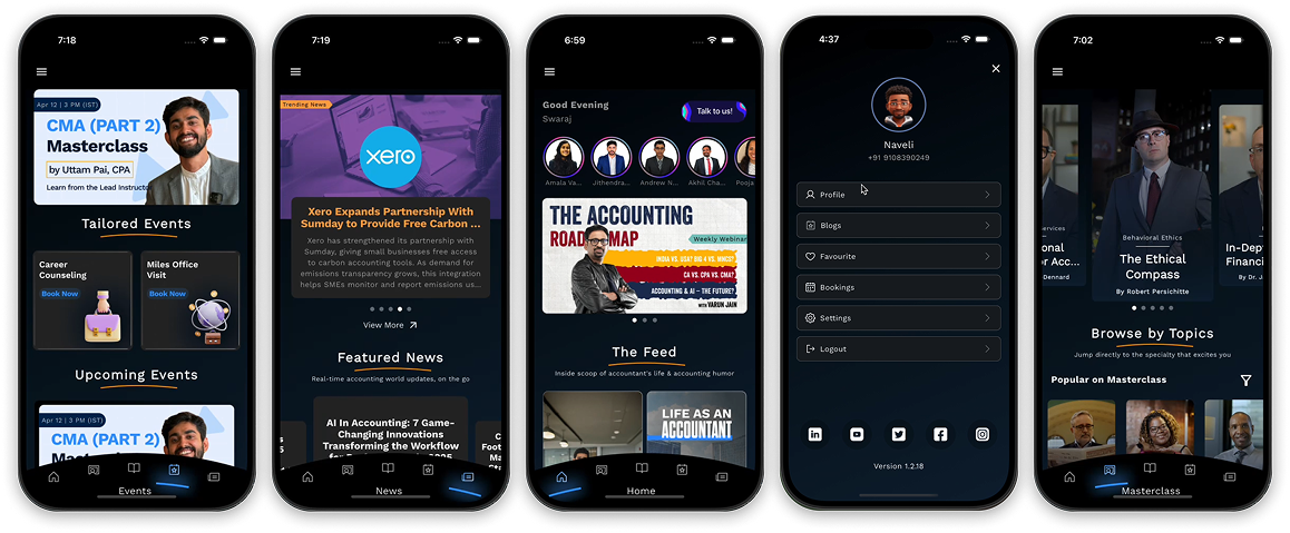 Five Miles One screens: tailored and upcoming events, featured accounting news, the home feed with placement stories and reels, the profile menu, and masterclass topics.