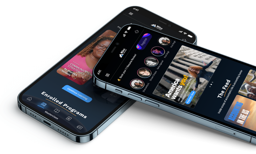 Miles One running on two phones: the enrolled programs screen and the home feed with placement stories